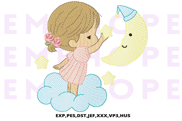 A Little Girl in the Cloud with Moon